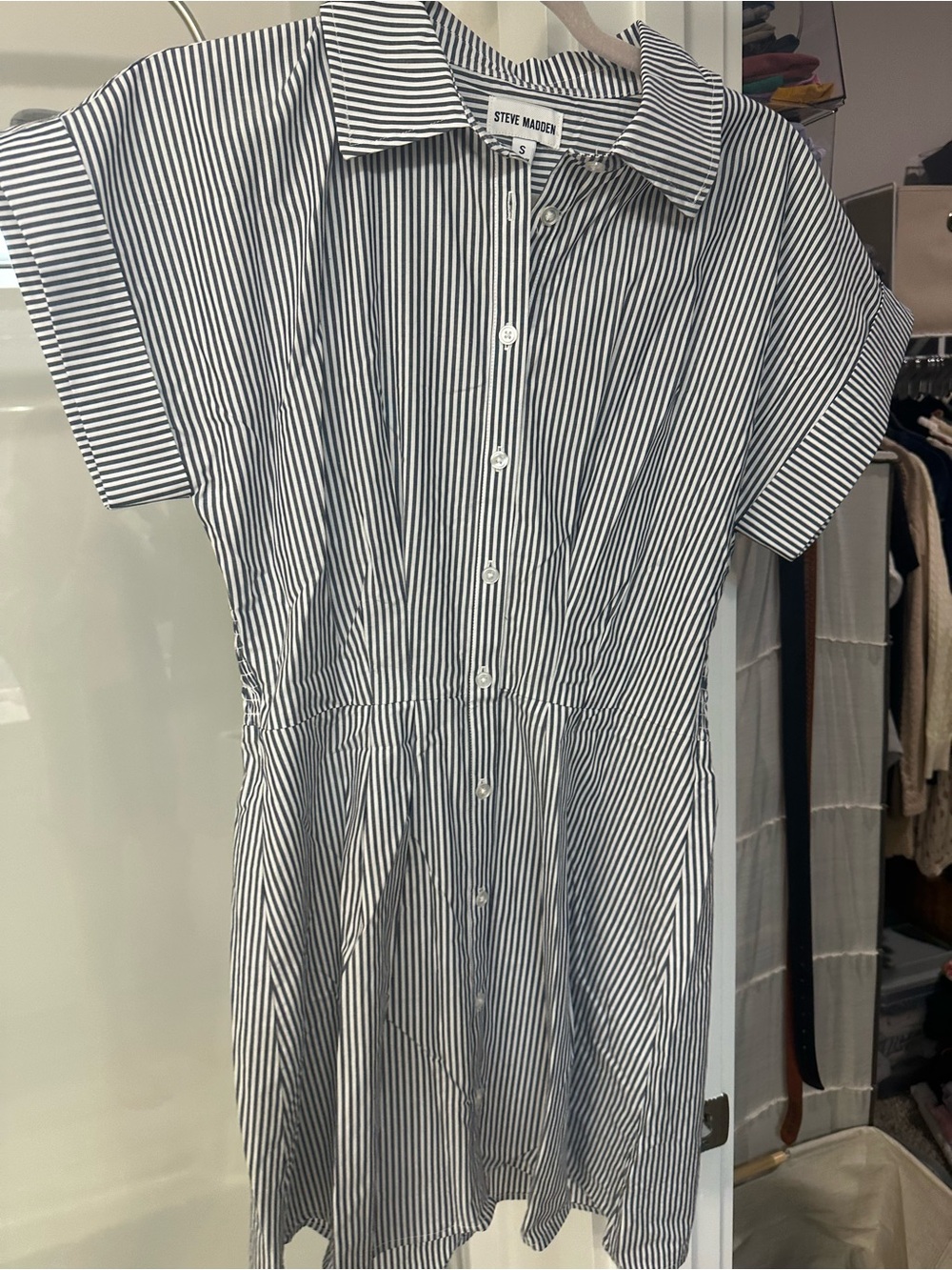 Steve Madden Navy & White Striped Short-Sleeve Button-Front Shirt Dress